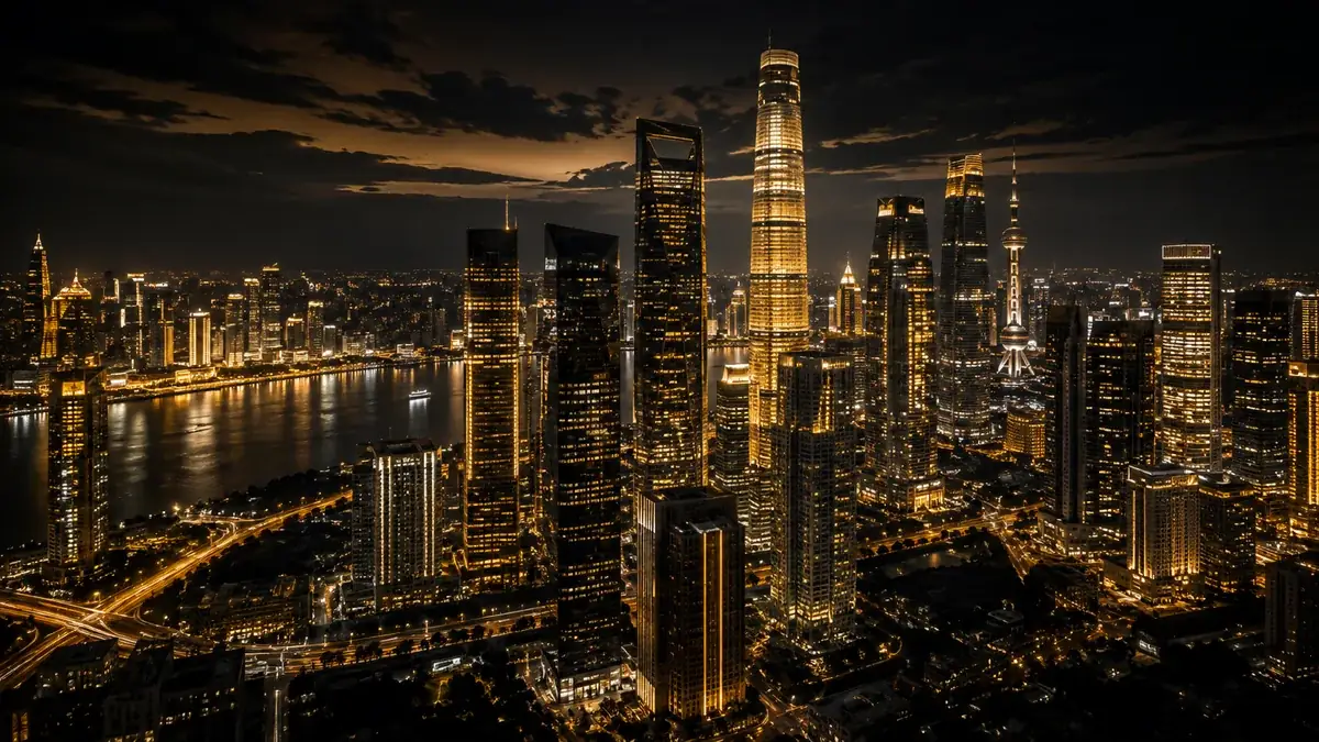 City skyline at night.