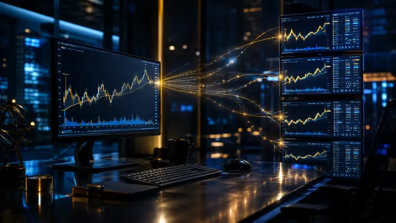 A high-tech trading workstation displaying historical charts, system data and strategy analysis.