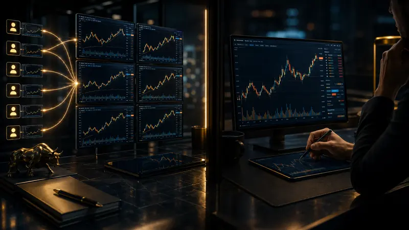 Two contrasting professional trading workstations representing automated copying and manual trading.