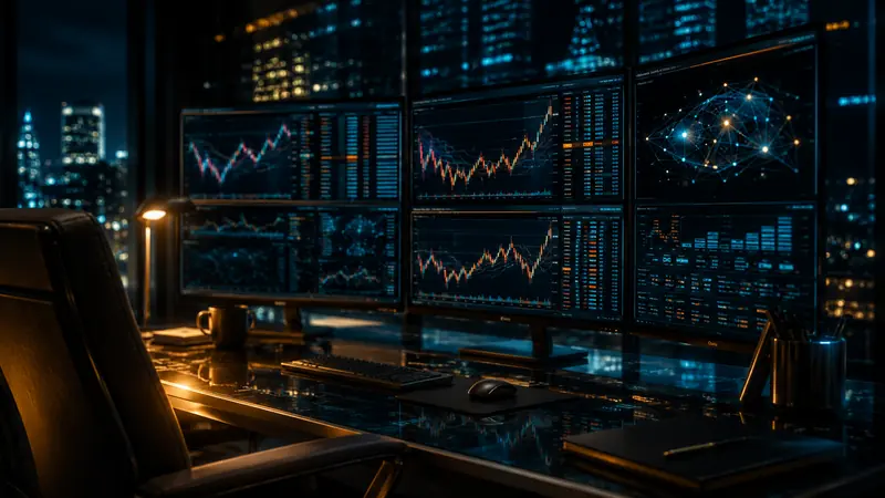 A multi-market trading command centre displaying different charts, markets and analytical views.