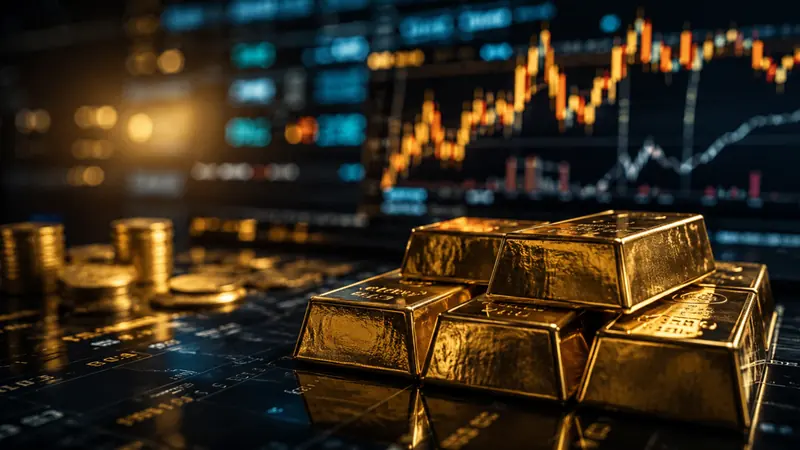 Gold bars on a professional trading desk with market charts displayed in the background.