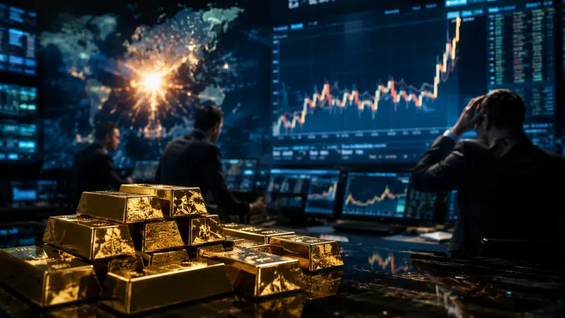 Gold bars in front of volatile market screens during a sharp financial market move.