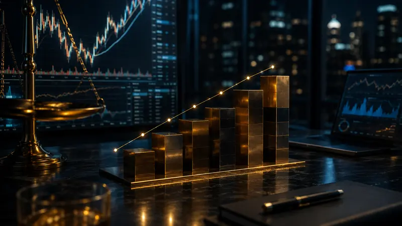 Graduated gold blocks and a rising line chart illustrating different position sizes and exposure.