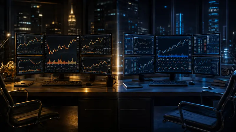 Two side-by-side professional trading workstations illustrating a comparison between trading platforms.
