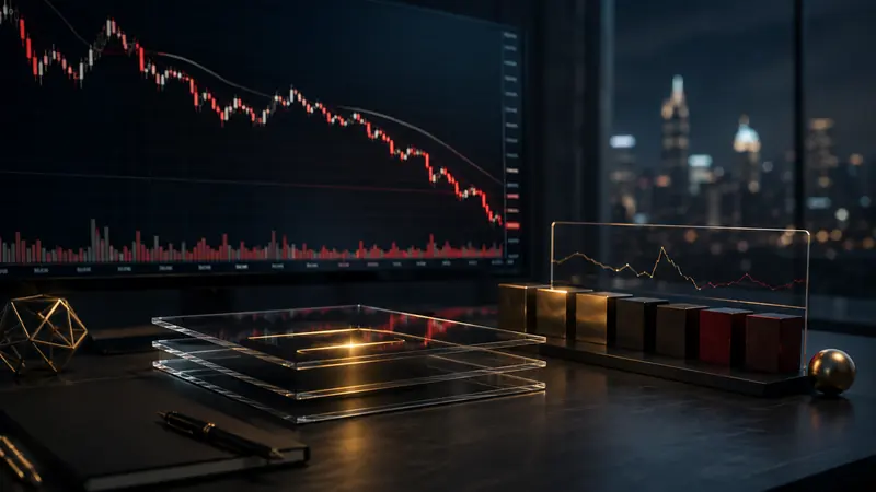 A professional trading desk displaying a pronounced market decline and falling equity chart.