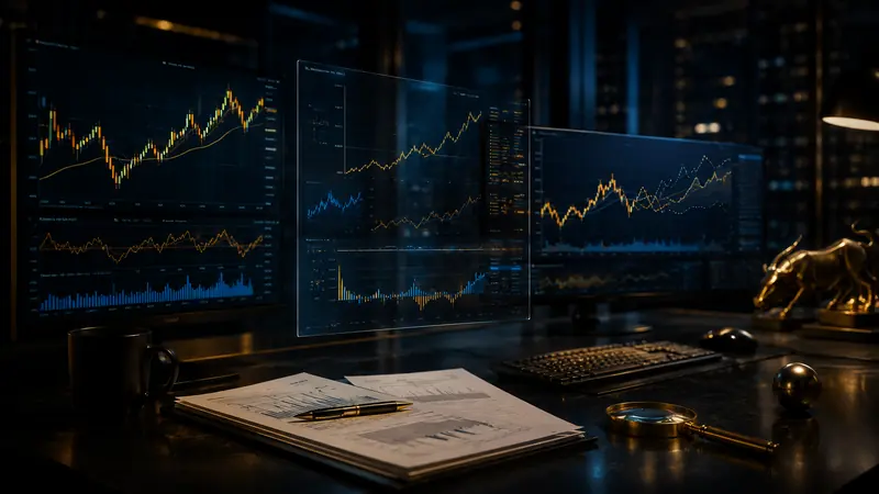 A gold-toned trading desk with market screens illustrating exposure, leverage and capital allocation.