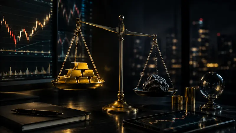 A balance scale weighing gold against market exposure on a professional trading desk.