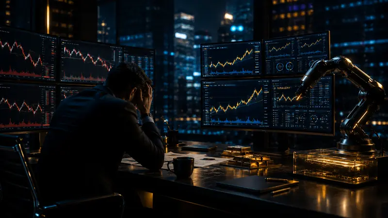 A trader at a multi-screen workstation beside an automated robotic trading system.