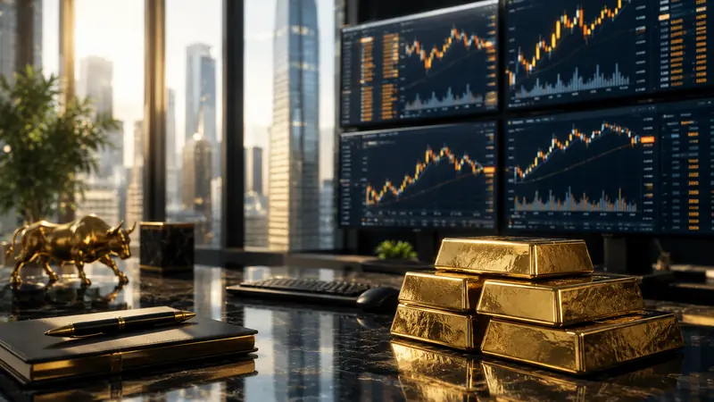 Gold bars beside professional market screens in a bright financial trading office.