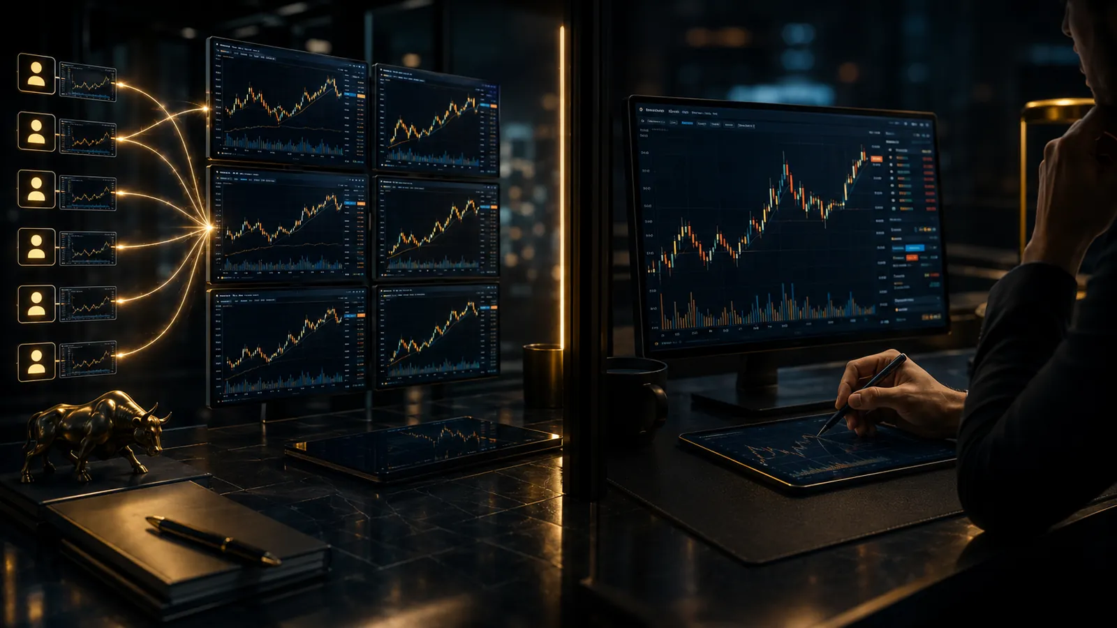 Two contrasting professional trading workstations representing automated copying and manual trading.