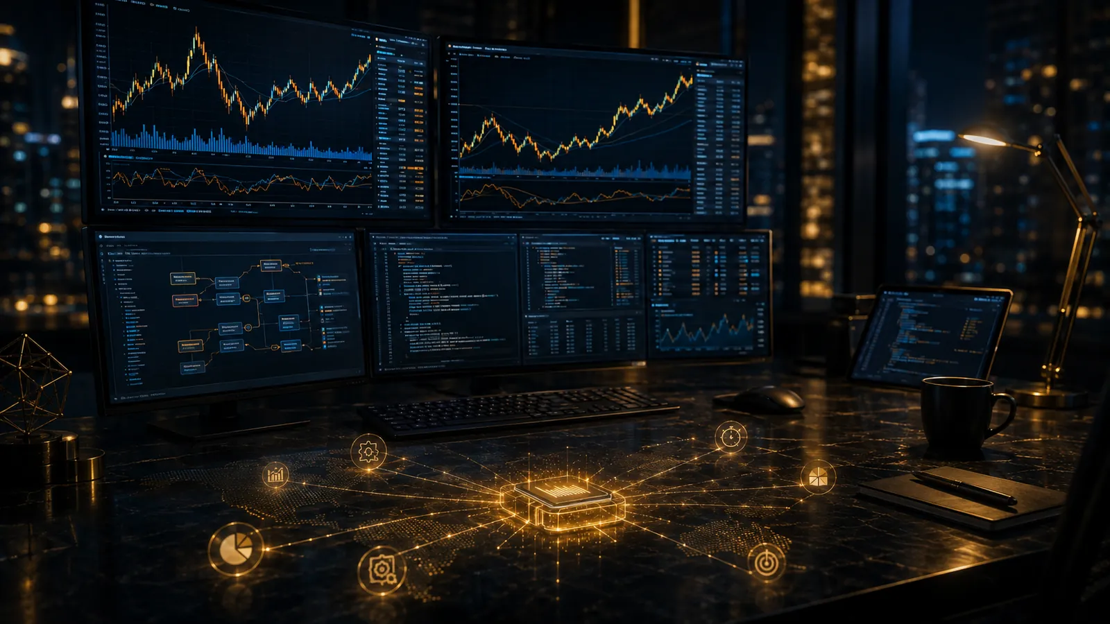 An algorithmic trading workstation with charts, system logic and automated processing visuals.