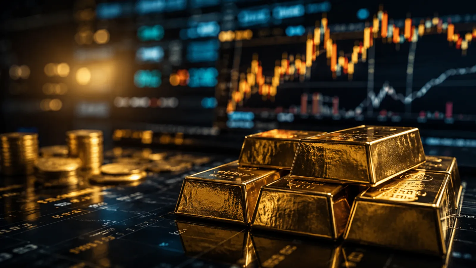Gold bars on a professional trading desk with market charts displayed in the background.