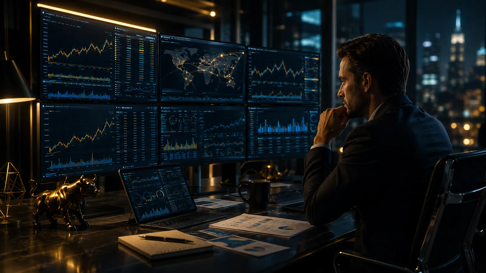 A professional trading desk with analytical reports, magnifying glass and performance charts.