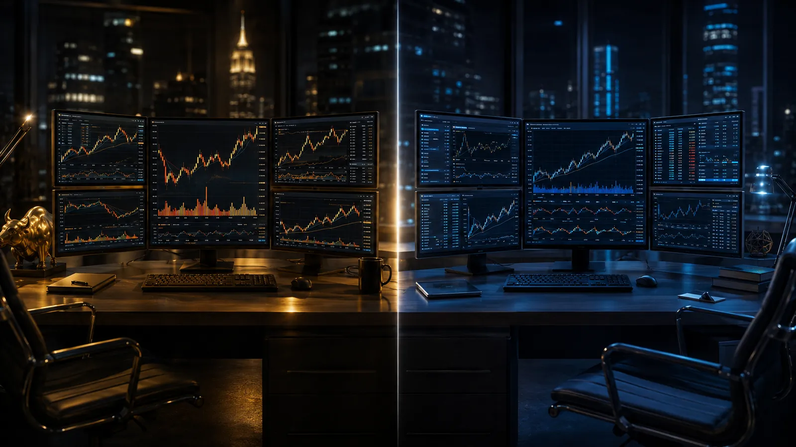 Two side-by-side professional trading workstations illustrating a comparison between trading platforms.
