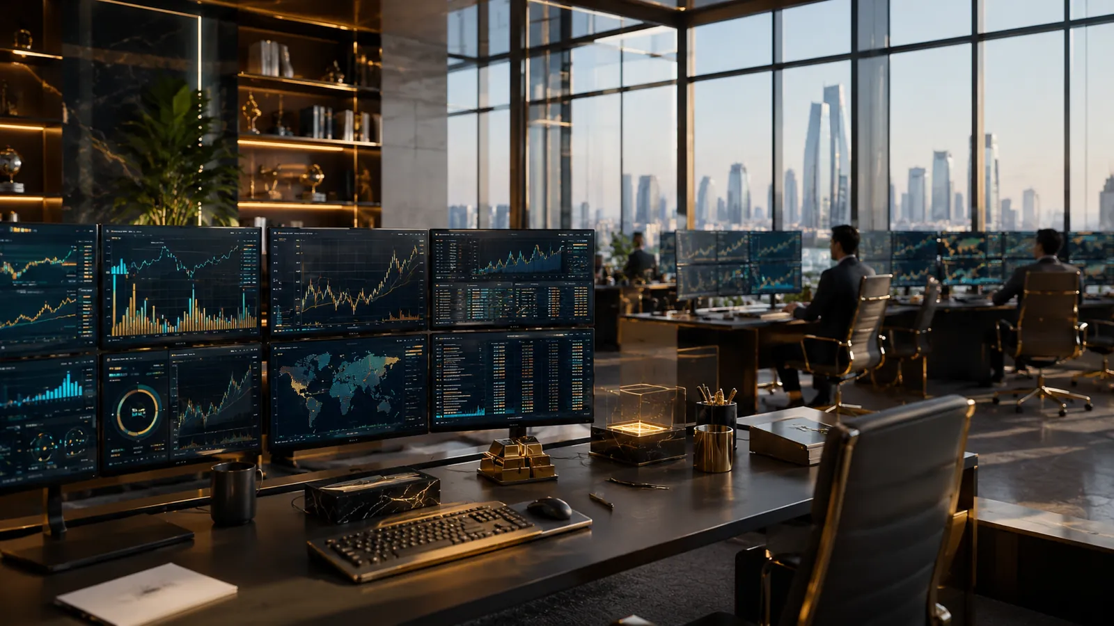 A bright professional trading floor with multiple market screens and a long-term institutional setting.