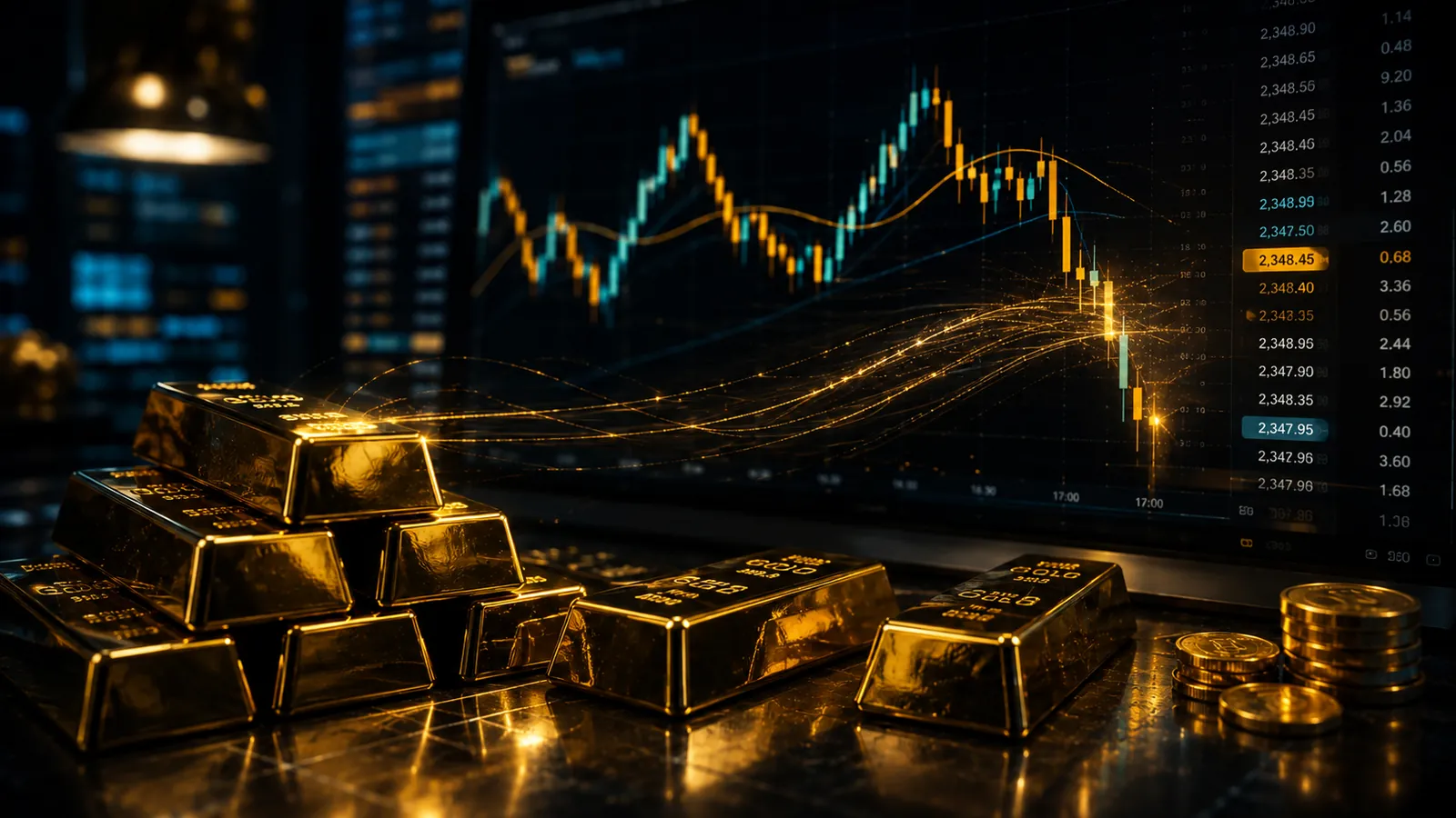 Gold bars and a fast-moving market chart illustrating price movement and execution differences.