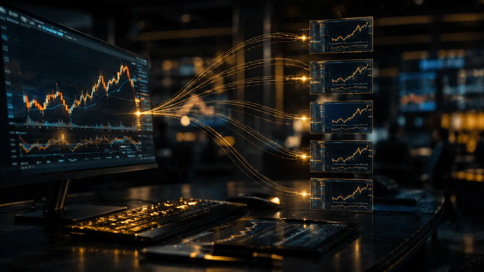A trading workstation showing a source market screen connected to multiple mirrored trading screens.