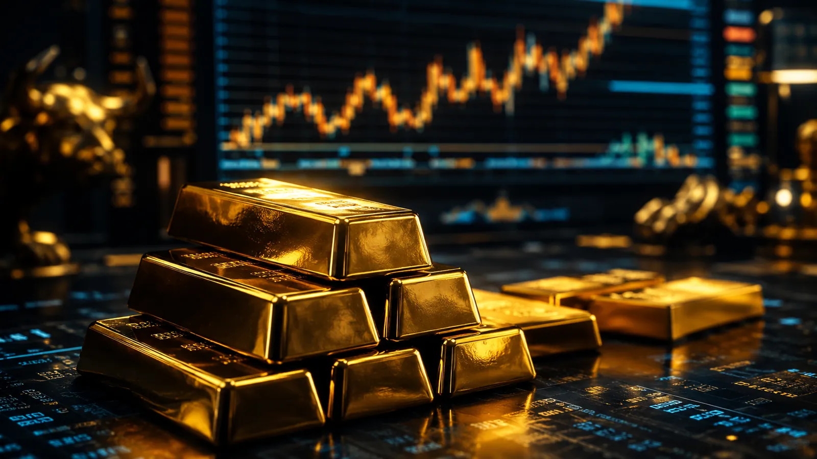Gold bullion arranged on a trading desk with market charts and financial data in the background.